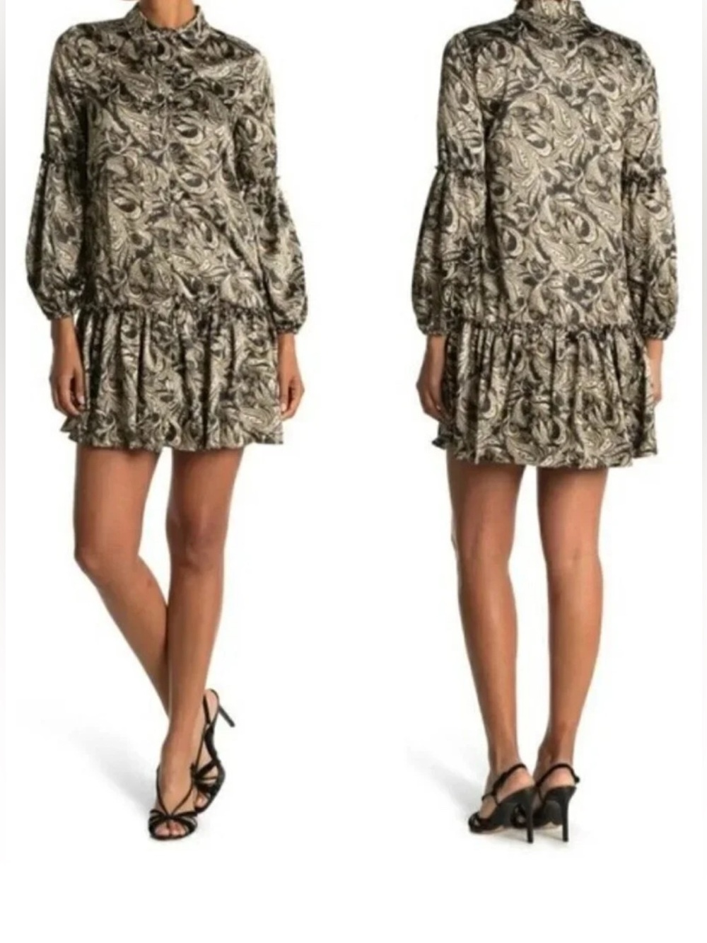 Laundry By Shelli Segal Mini Dress Paisley Print Ruffle Hem Olive/Black - Picture 2 of 11